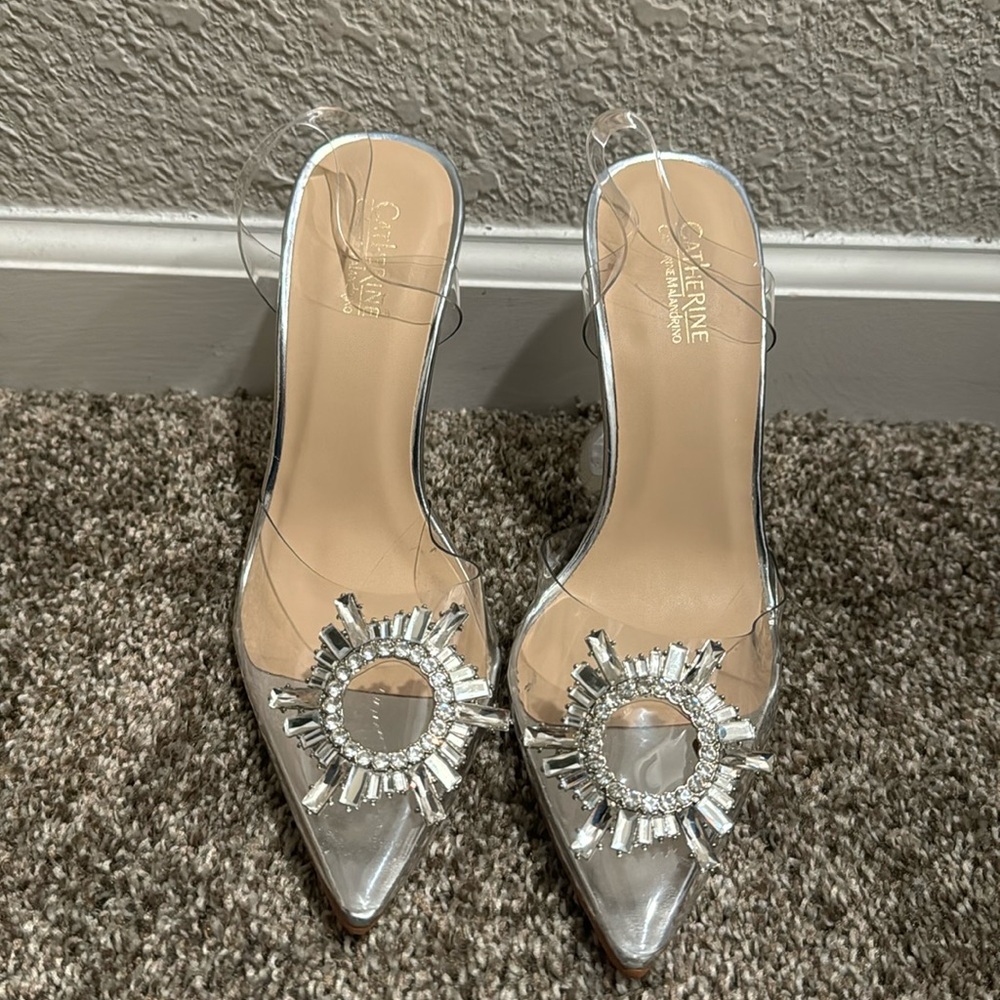 NIB Catherine malandrino lucite clear rhine heels 7.5 like Amina muaddi begum